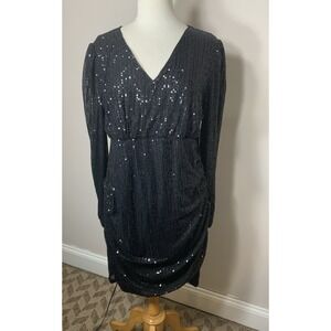 Kancy Kole Cocktail Dress Womens XXL Black Sequins Ruched‎ Stretch Long Sleeve